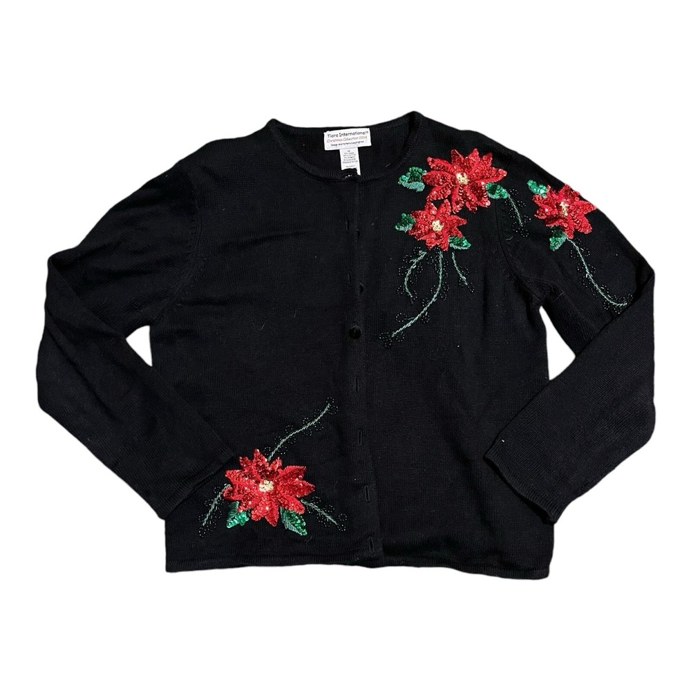 Tiara International christmas collection 2004 black sweater with flowers size M